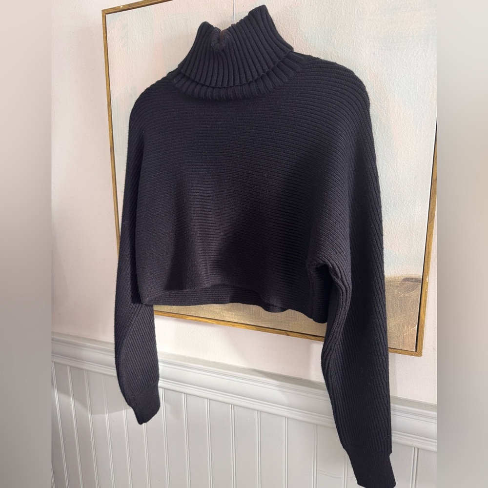 House of Harlow 1960 Black Ribbed Cropped Turtleneck Sweater - M - Picture 4 of 7